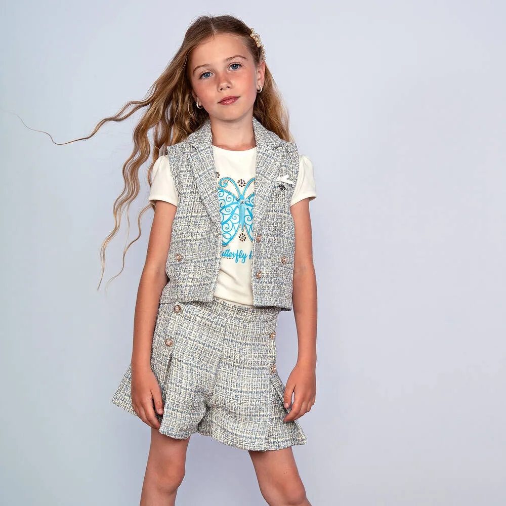 Girls Blue Tweed Waistcoat