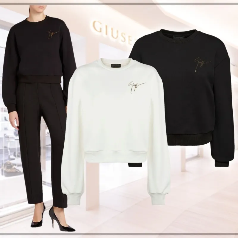 GIUSEPPE ZANOTTI  |Crew Neck Sweat Blended Fabrics Long Sleeves Plain Cotton