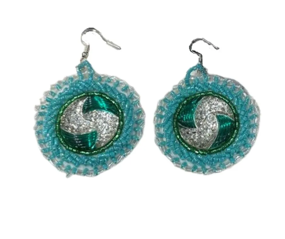 Green Circle Sparkling Beadwork Earrings