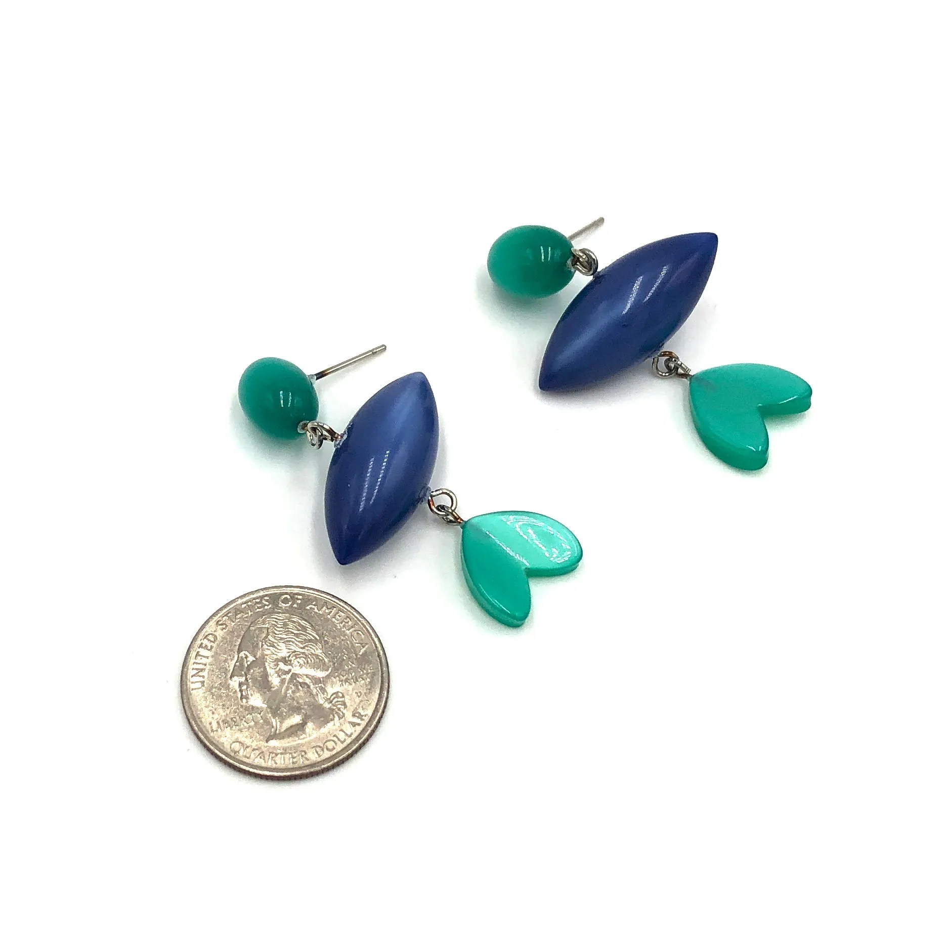 Green Stud & Leaf with Blue Pod Moonglow Statement Earrings