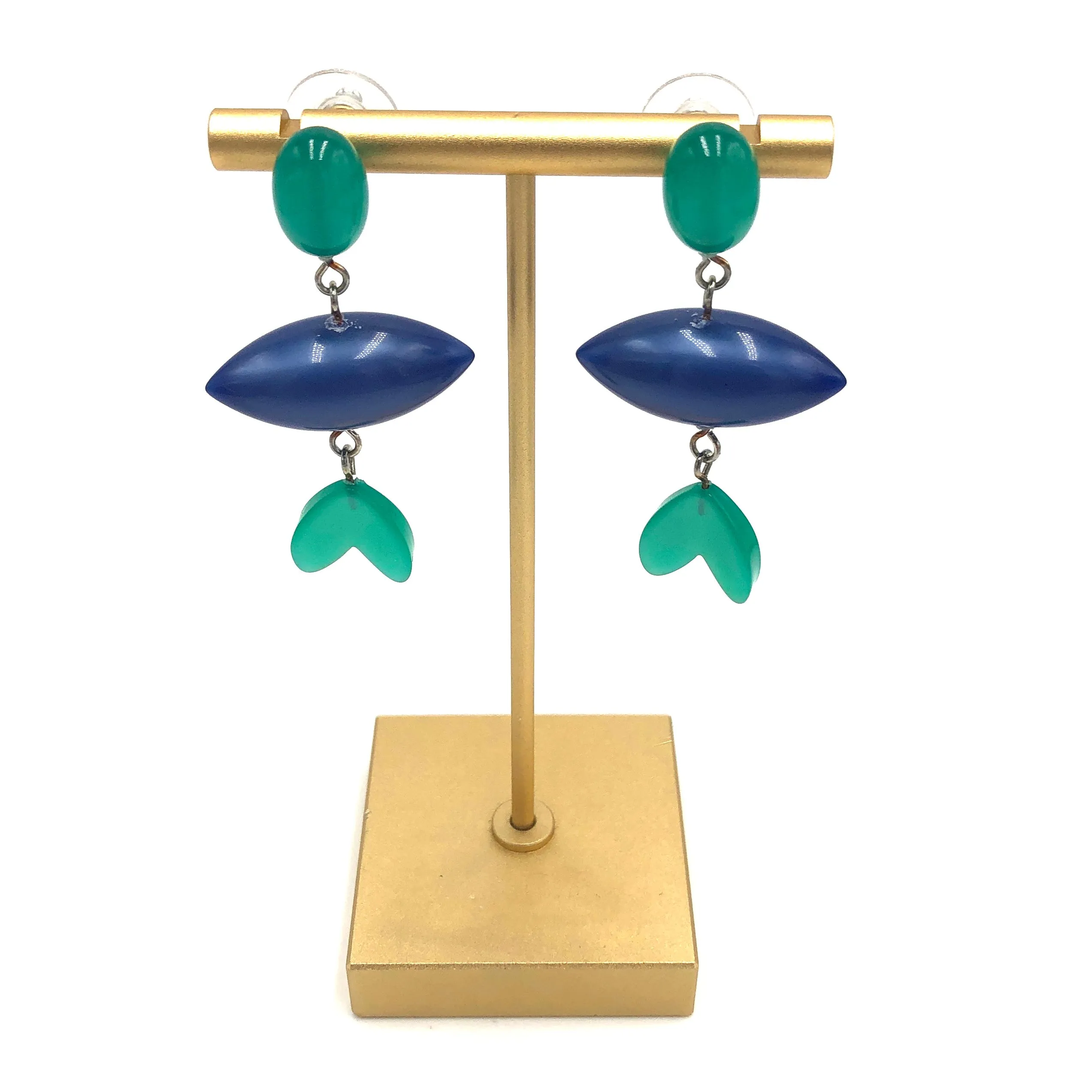 Green Stud & Leaf with Blue Pod Moonglow Statement Earrings