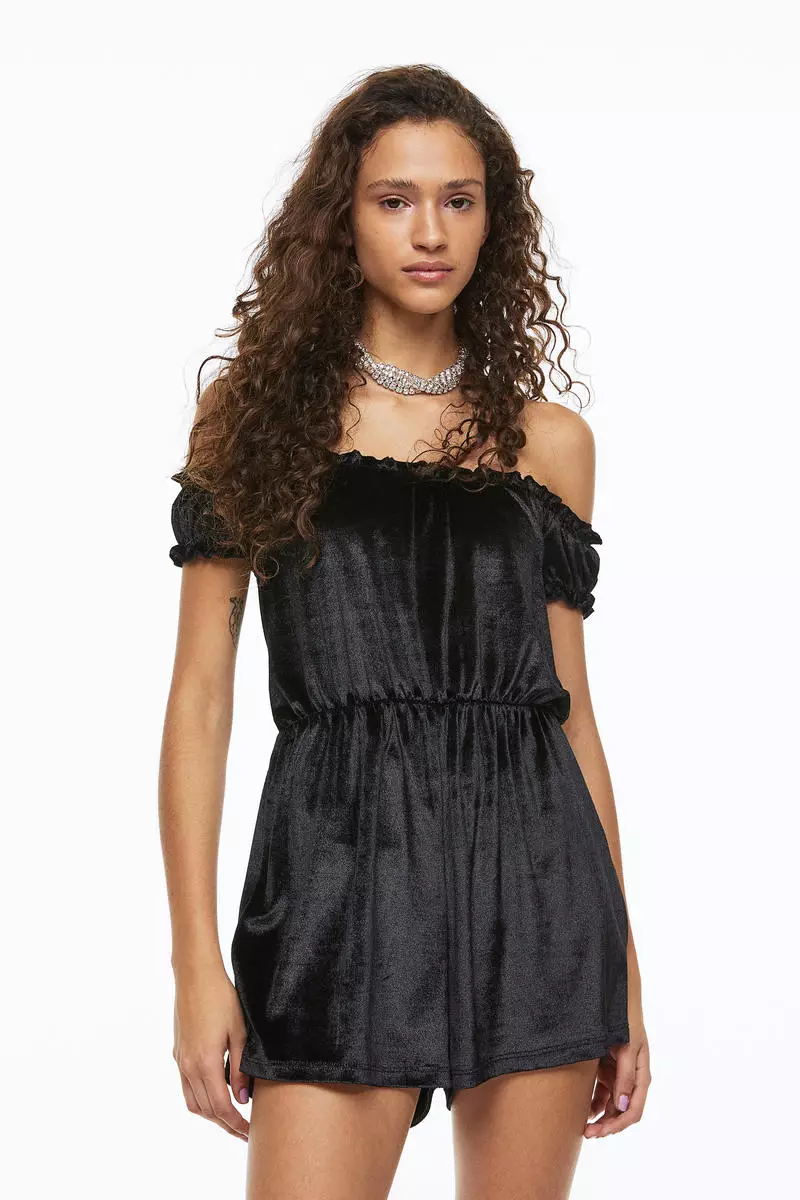 H&M Off-the-shoulder velour playsuit