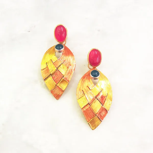 Hot Pink Agate Stud with Flourite & Hand Painted Buri Style Twinset Earrings