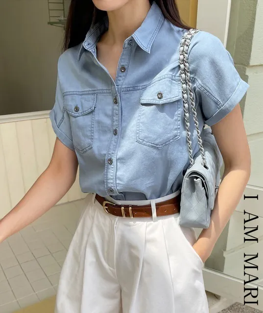 I AM MARI  |Casual Style Denim Short Sleeves Shirts & Blouses