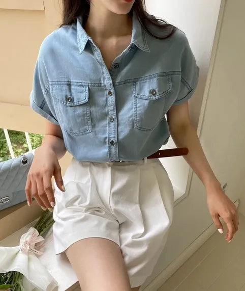 I AM MARI  |Casual Style Denim Short Sleeves Shirts & Blouses