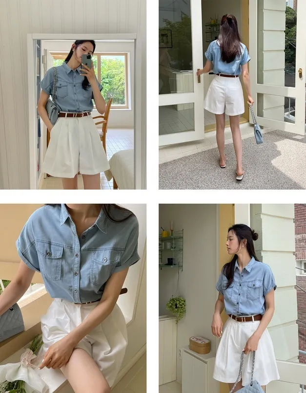 I AM MARI  |Casual Style Denim Short Sleeves Shirts & Blouses