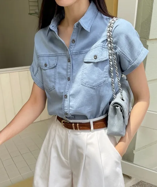 I AM MARI  |Casual Style Denim Short Sleeves Shirts & Blouses