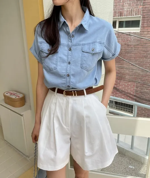 I AM MARI  |Casual Style Denim Short Sleeves Shirts & Blouses