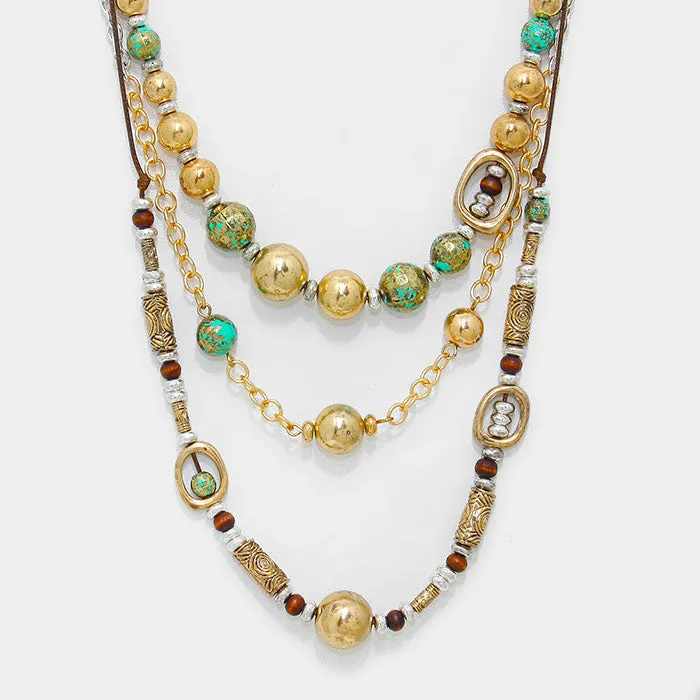 iLLASPARKZ Triple layer antique metal bead strand bib necklace