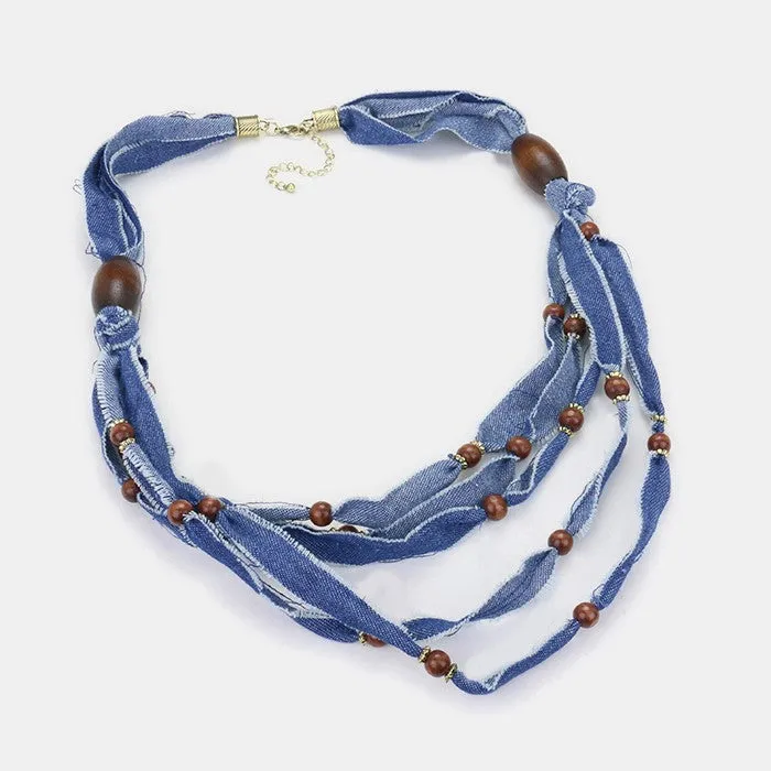 iLLASPARKZ Wooden beads & multi-tier denim necklace