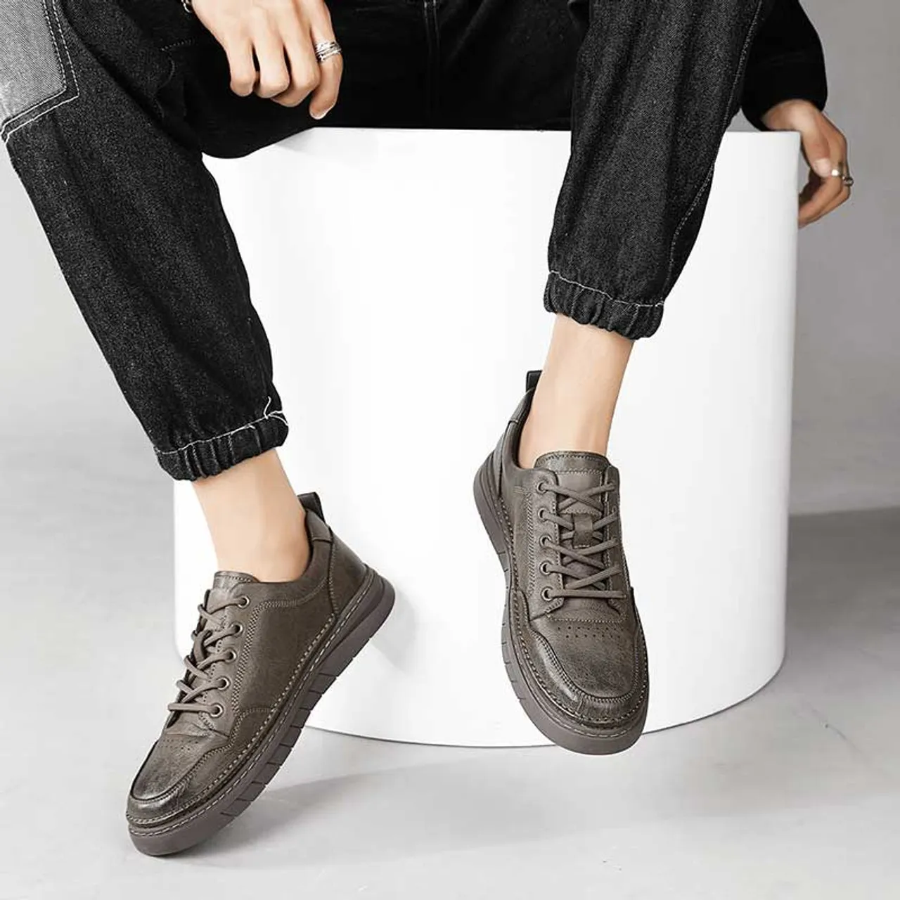 Khaki plain thread accents casual shoe sneaker