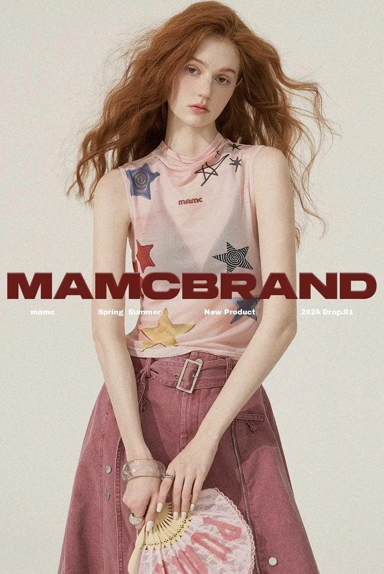 MAMC  |Sleeveless Street Style High-Neck Logo Sheer Cropped Tops