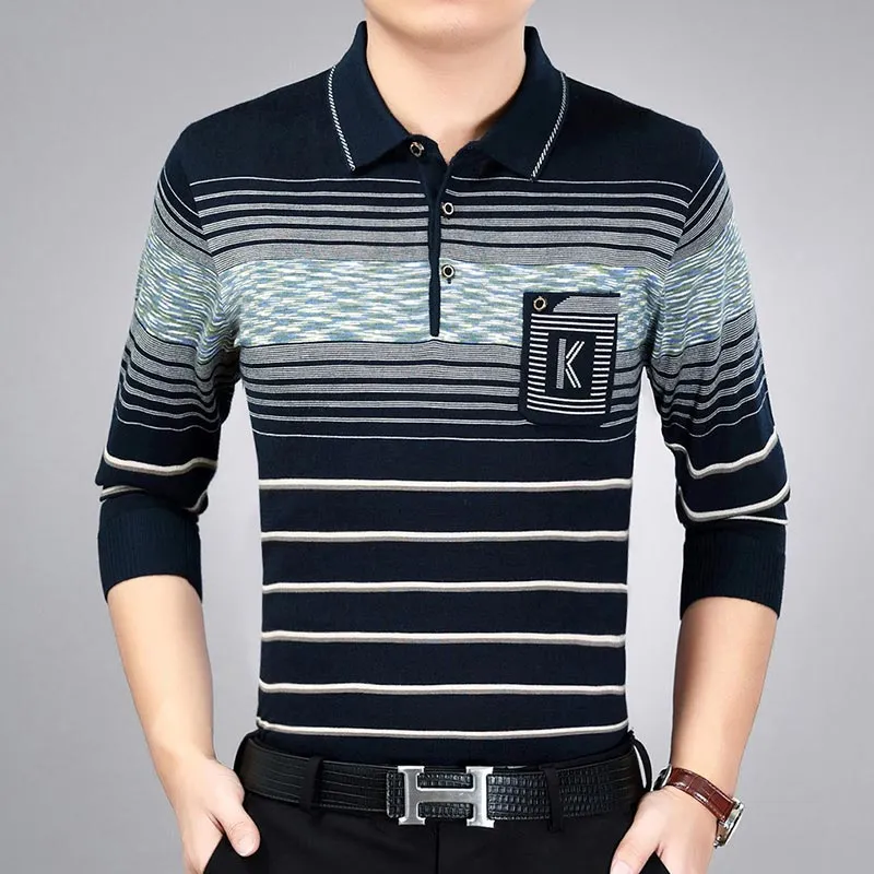 Men's Cotton Striped Pattern Casual Long Sleeve Polo Shirt with Pocket