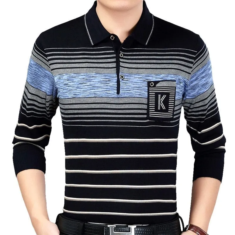 Men's Cotton Striped Pattern Casual Long Sleeve Polo Shirt with Pocket