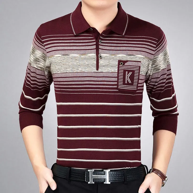 Men's Cotton Striped Pattern Casual Long Sleeve Polo Shirt with Pocket