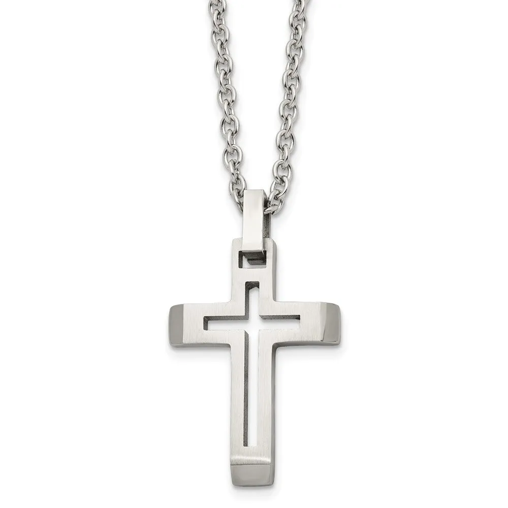 Mens Stainless Steel Brushed & Polished Voided Cross Necklace, 20 Inch