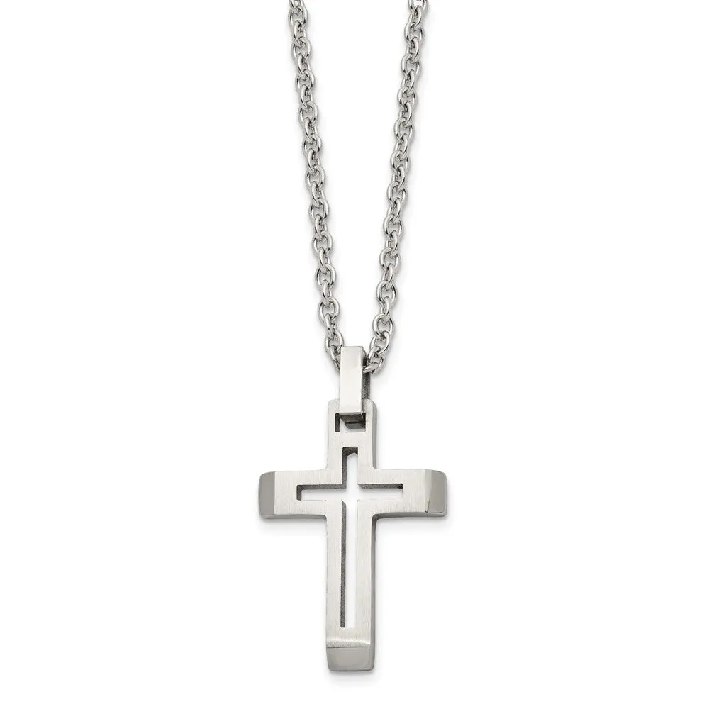 Mens Stainless Steel Brushed & Polished Voided Cross Necklace, 20 Inch