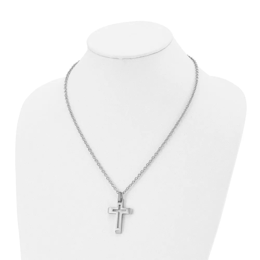 Mens Stainless Steel Brushed & Polished Voided Cross Necklace, 20 Inch