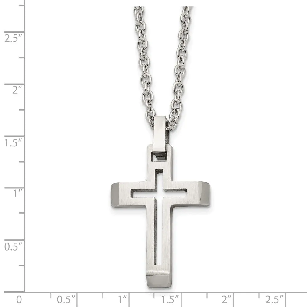 Mens Stainless Steel Brushed & Polished Voided Cross Necklace, 20 Inch