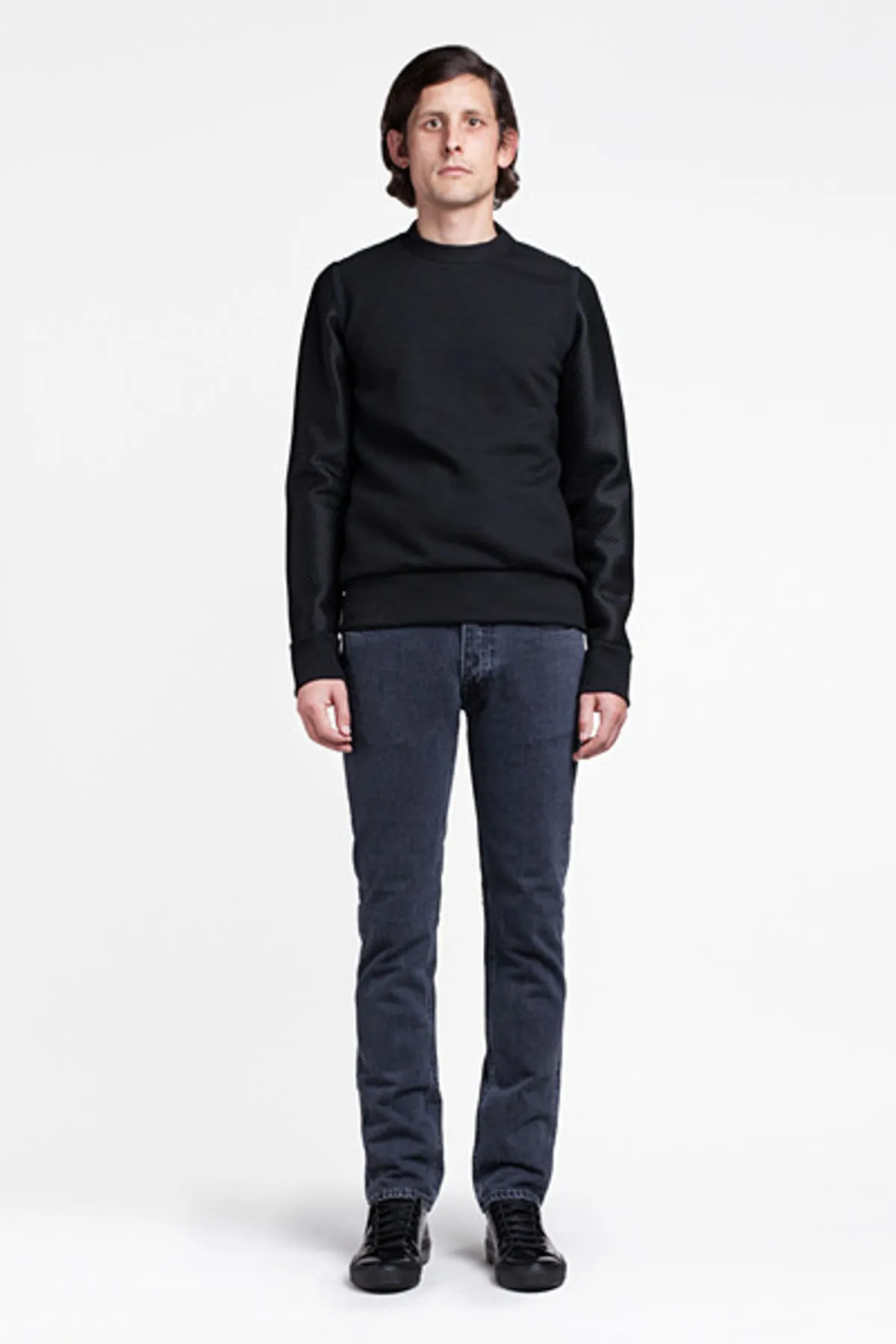 Mesh Sleeve Crew Sweater - Black