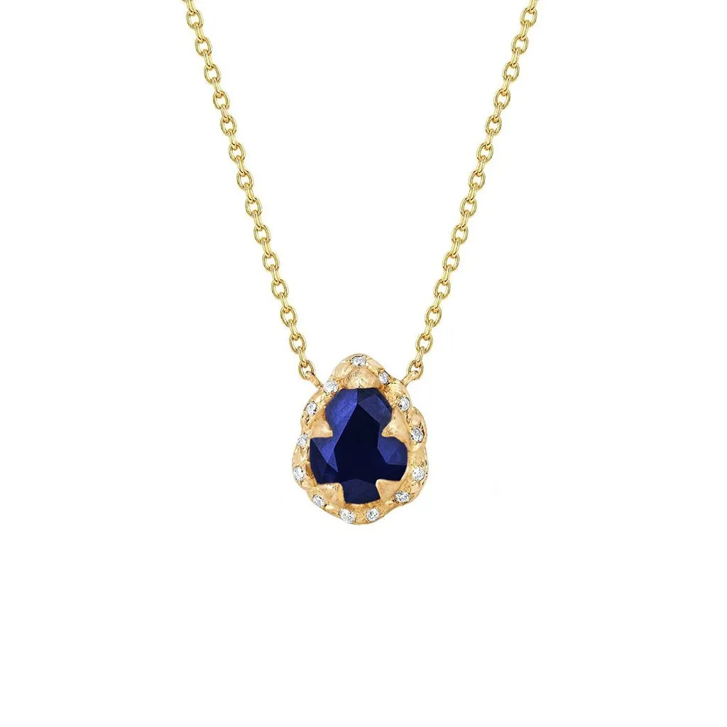 Micro Queen Water Drop Blue Sapphire Necklace with Sprinkled Diamonds