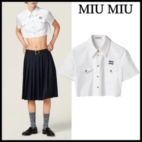 MiuMiu  |Casual Style Plain Cotton Short Sleeves Elegant Style Logo