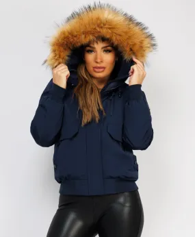 Navy Canada Bomber Jacket With Fur Hood