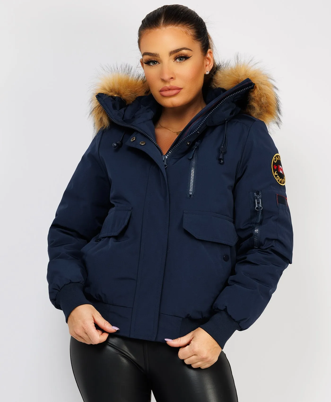 Navy Canada Bomber Jacket With Fur Hood