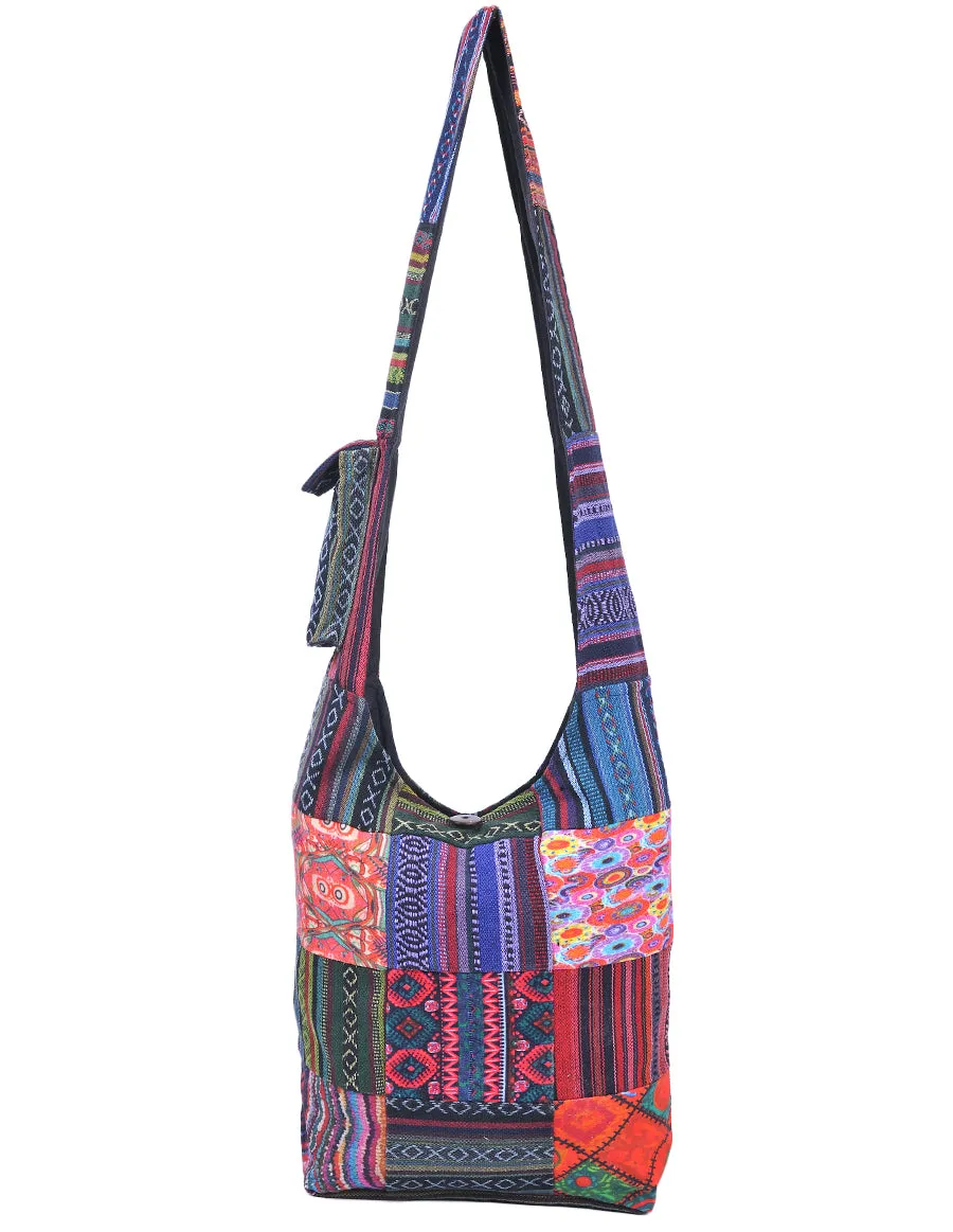 Patched Graphic Print Cotton Hippie Hobo Bag