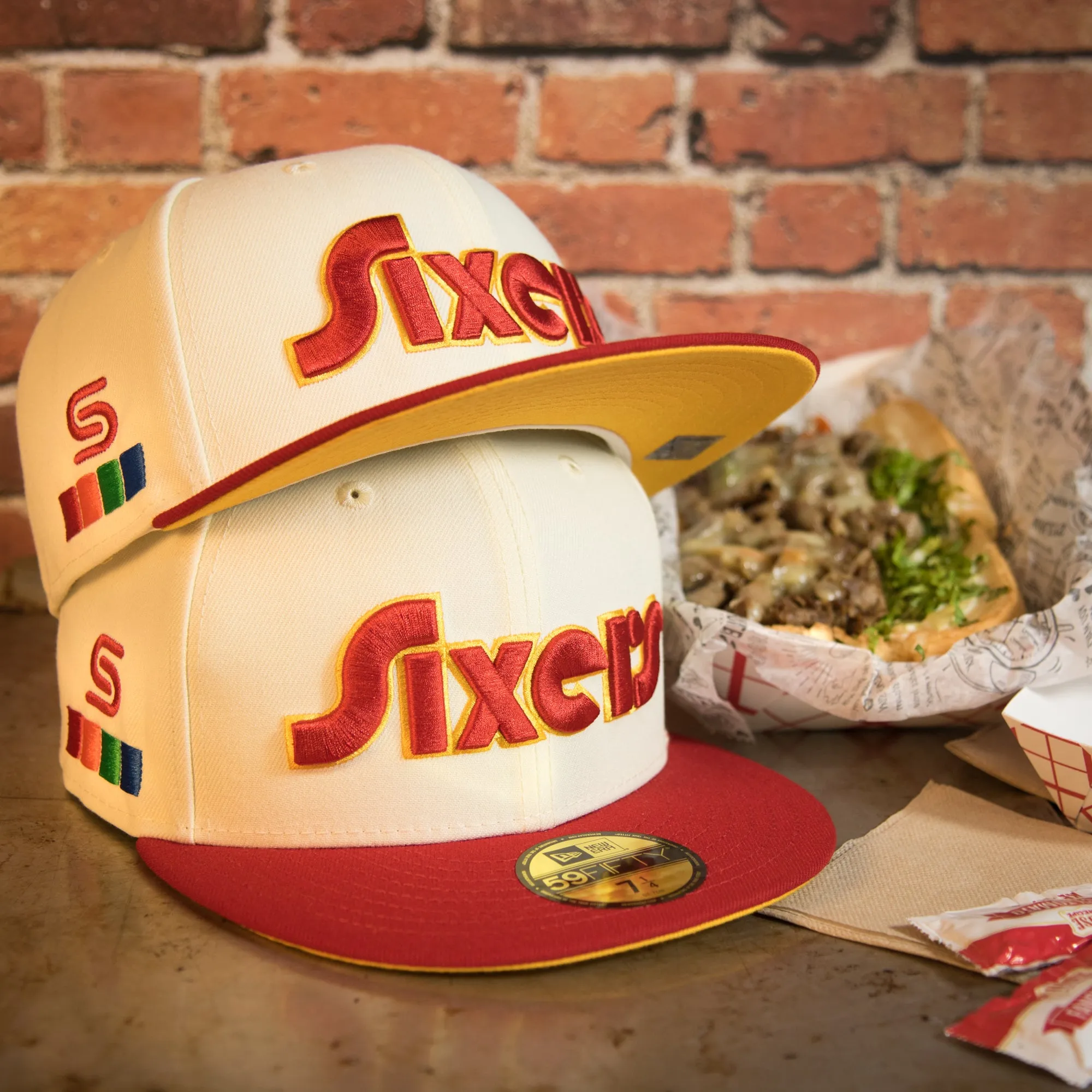 Philadelphia 76ers Retro Spectrum Side Patch Yellow UV 59Fifty Fitted Cap | Chrome/Red | CheeseSteak Pack Cap Swag Exclusive