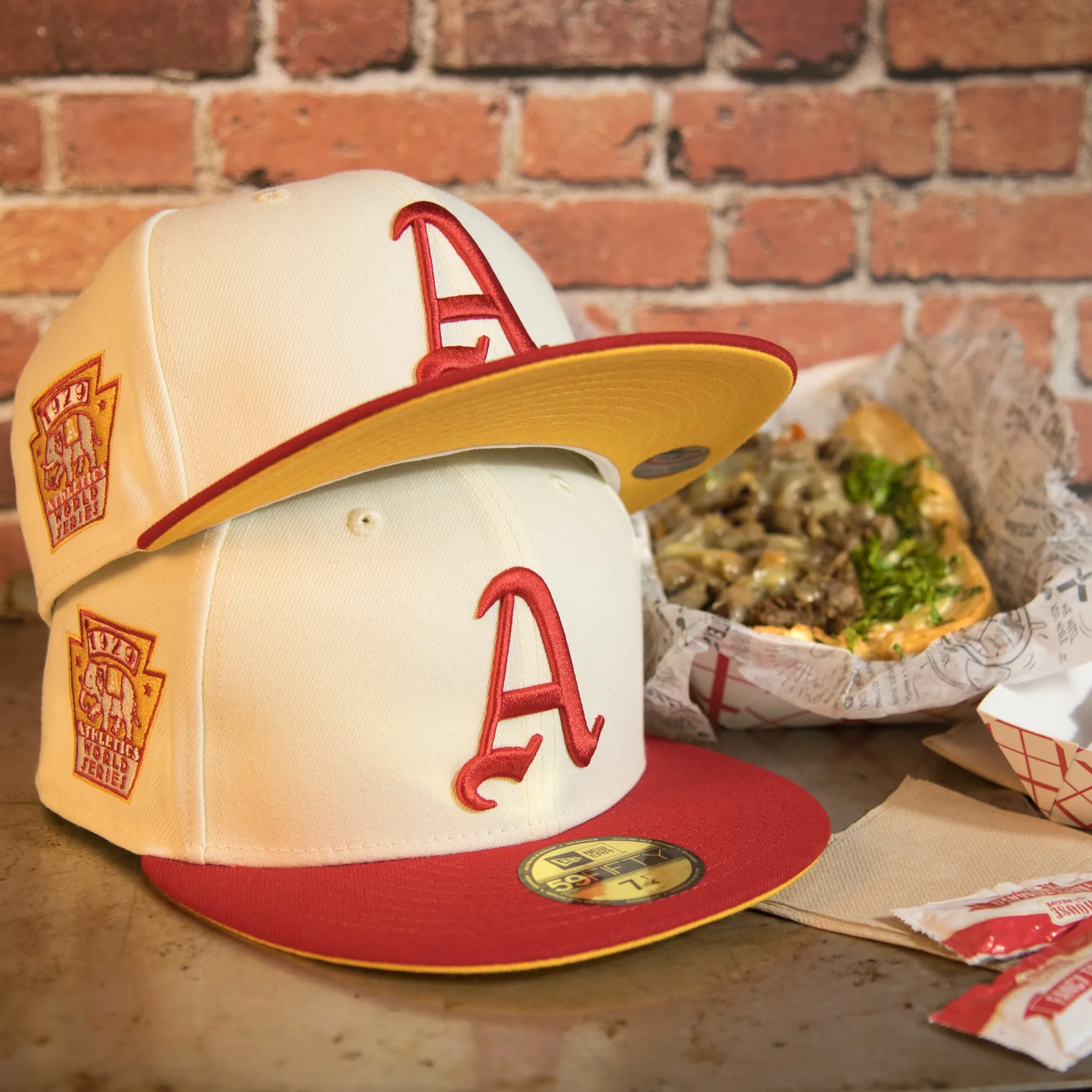 Philadelphia Athletics Cooperstown 1929 World Series Side Patch Yellow UV 59Fifty Fitted Cap | Chrome/Red | CheeseSteak Pack Cap