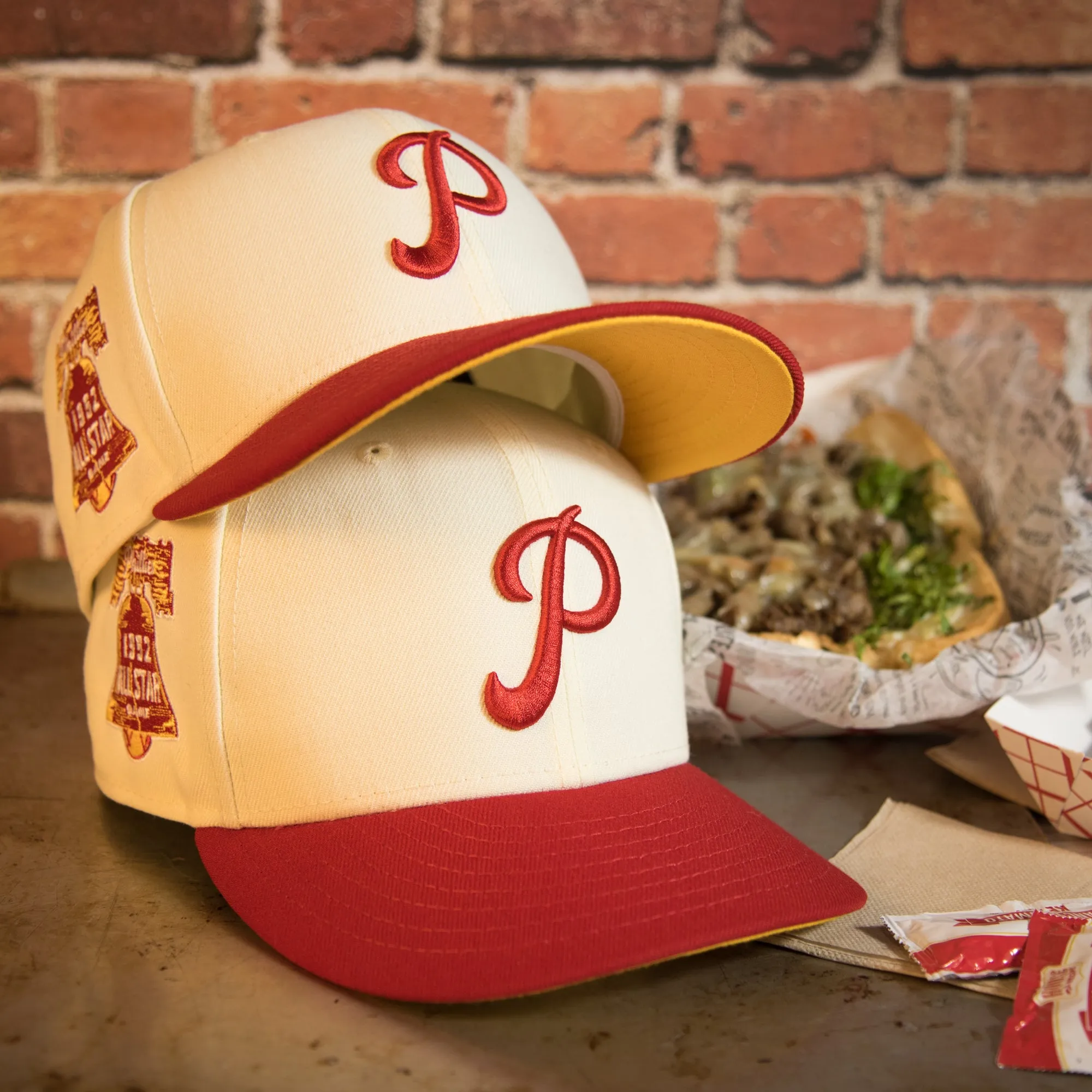 Philadelphia Phillies Cooperstown 1952 All Star Side Patch Yellow UV 59Fifty Fitted Cap | Chrome/Red | CheeseSteak Pack Cap Swag