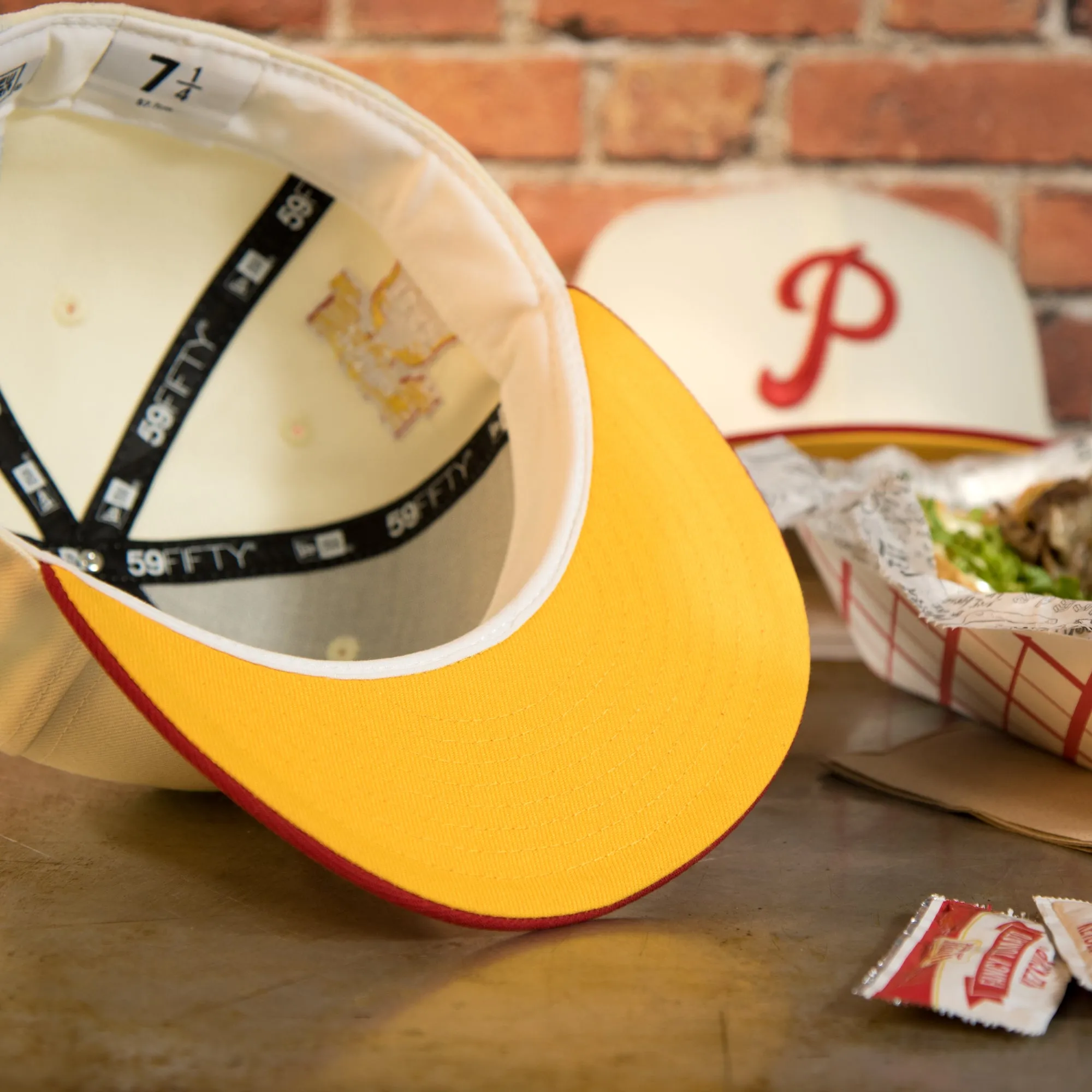 Philadelphia Phillies Cooperstown 1952 All Star Side Patch Yellow UV 59Fifty Fitted Cap | Chrome/Red | CheeseSteak Pack Cap Swag