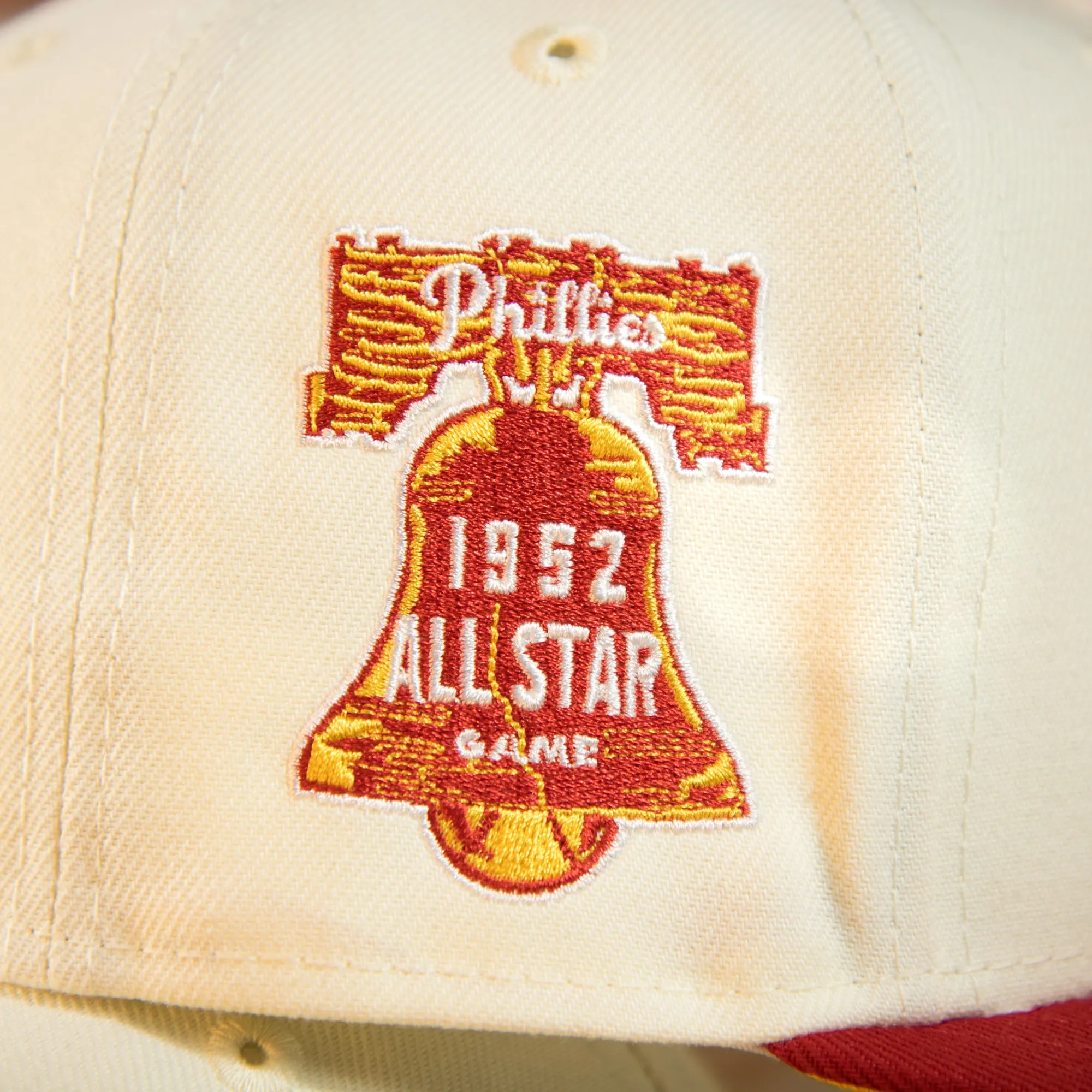 Philadelphia Phillies Cooperstown 1952 All Star Side Patch Yellow UV 59Fifty Fitted Cap | Chrome/Red | CheeseSteak Pack Cap Swag