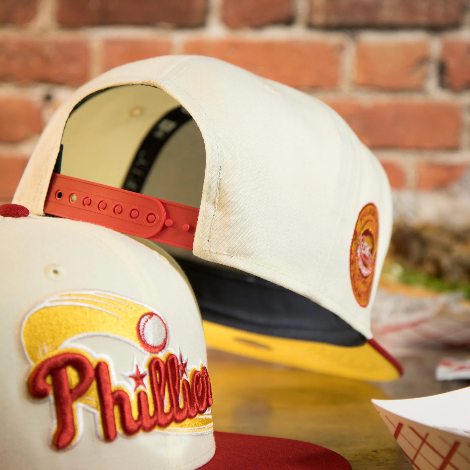 Philadelphia Phillies Cooperstown Veterans Stadium Side Patch Side Patch Yellow UV 9Fifty Snapback Cap | Chrome/Red | CheeseStea