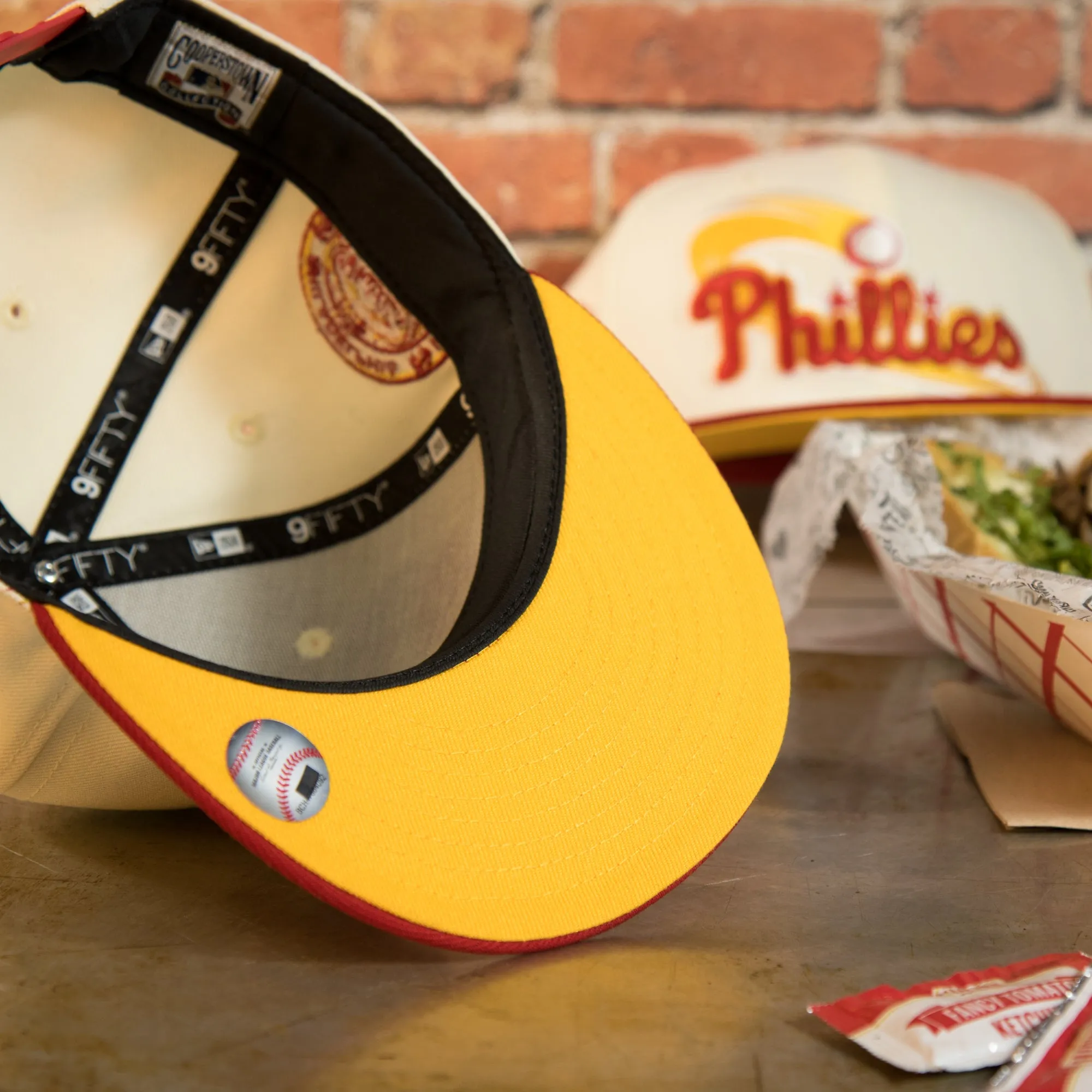 Philadelphia Phillies Cooperstown Veterans Stadium Side Patch Side Patch Yellow UV 9Fifty Snapback Cap | Chrome/Red | CheeseStea