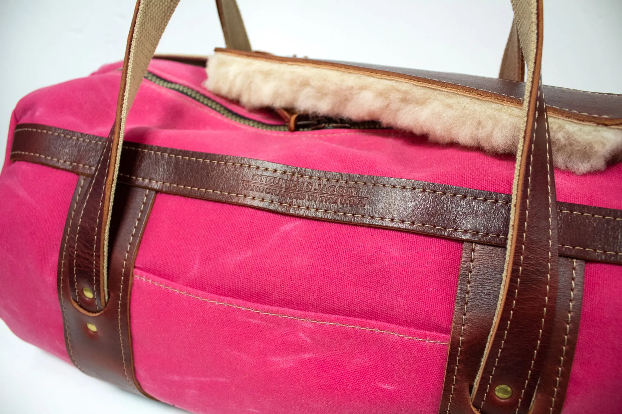 Pink Canvas and Burgundy Leather Club Duffel Bag