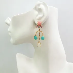 Pink Opal, Amethyst & Blue Topaz Stud with Moonstone & Amazonite Twinset Earrings