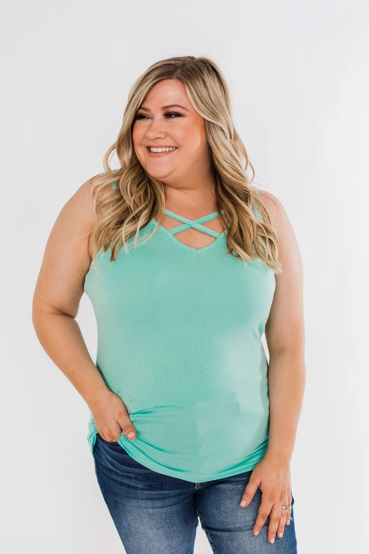 Places To Go Criss Cross Tank Top- Mint Blue