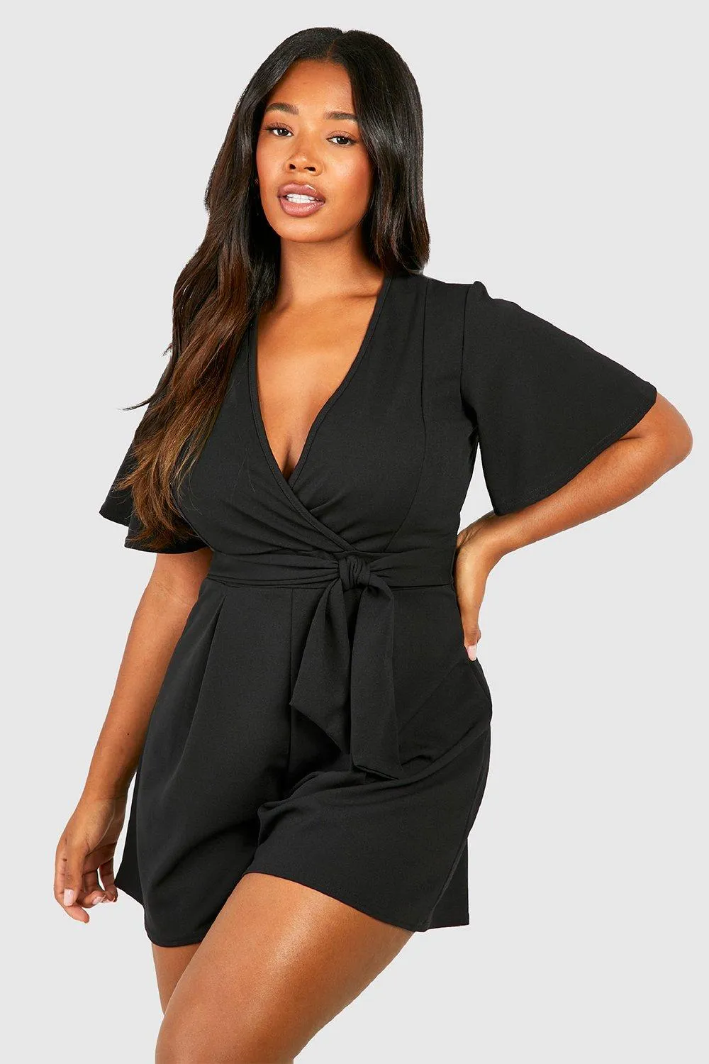 Playsuits | Plus Scuba Crepe Angel Sleeve Tie Belt Flippy Playsuit | boohoo