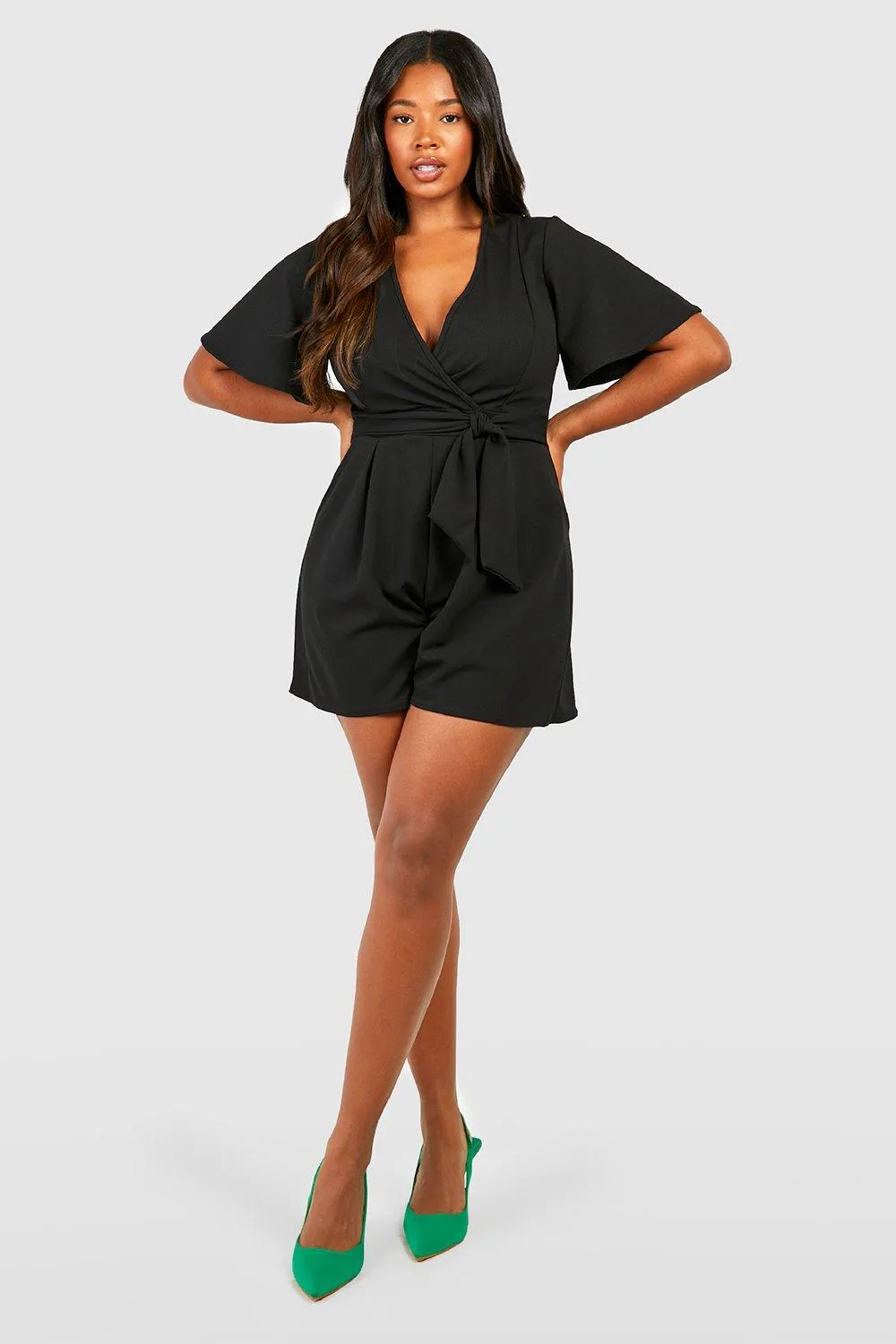 Playsuits | Plus Scuba Crepe Angel Sleeve Tie Belt Flippy Playsuit | boohoo