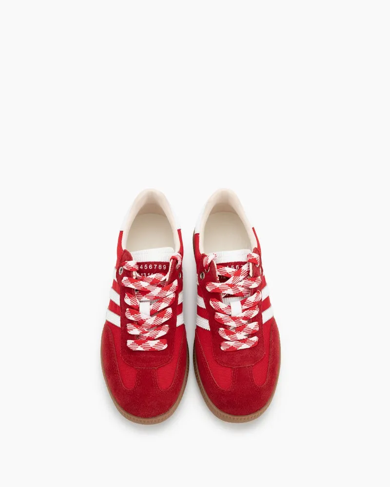 Red and White Suede Leather Flat Sneakers