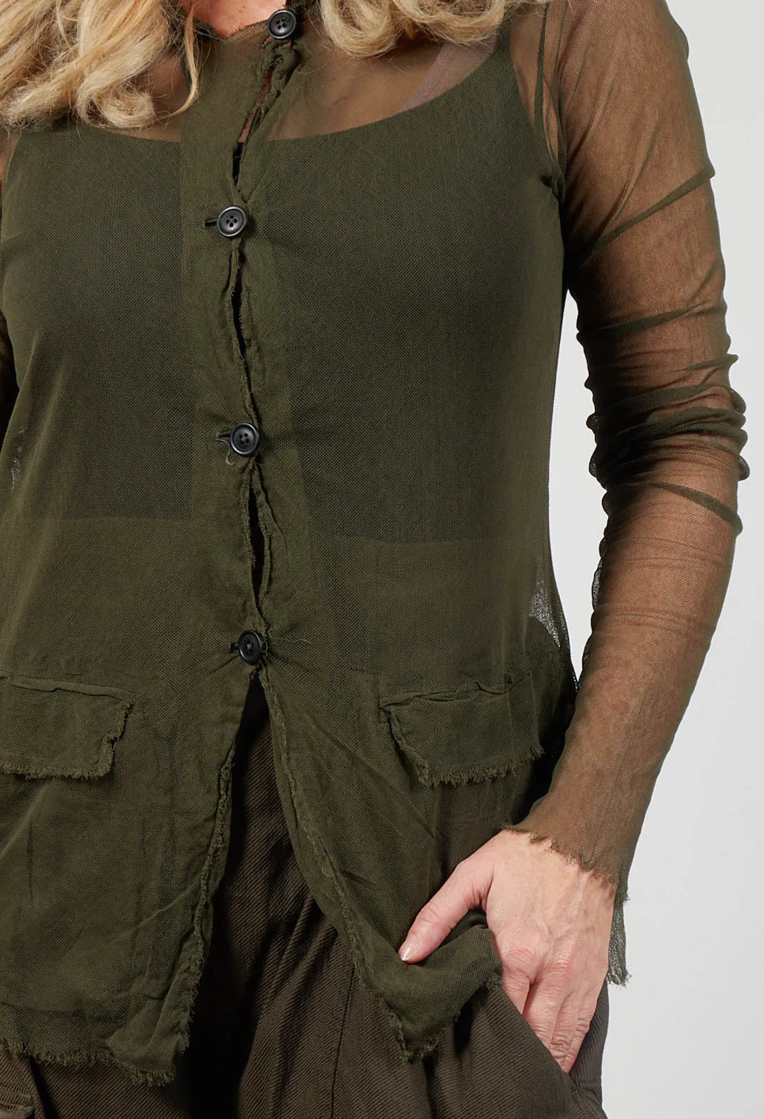 Sheer Long Sleeved Button Up Shirt in Khaki