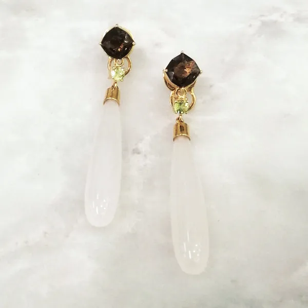 Smokey Quartz Studs with Peridot & White Agate Twinset Earrings