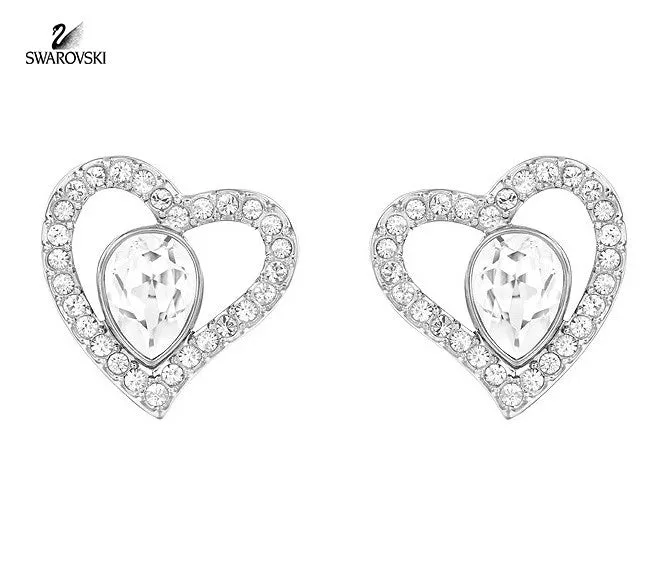 Swarovski Clear Crystal Pierced Earrings Hearts NERINA Rhodium #5101152