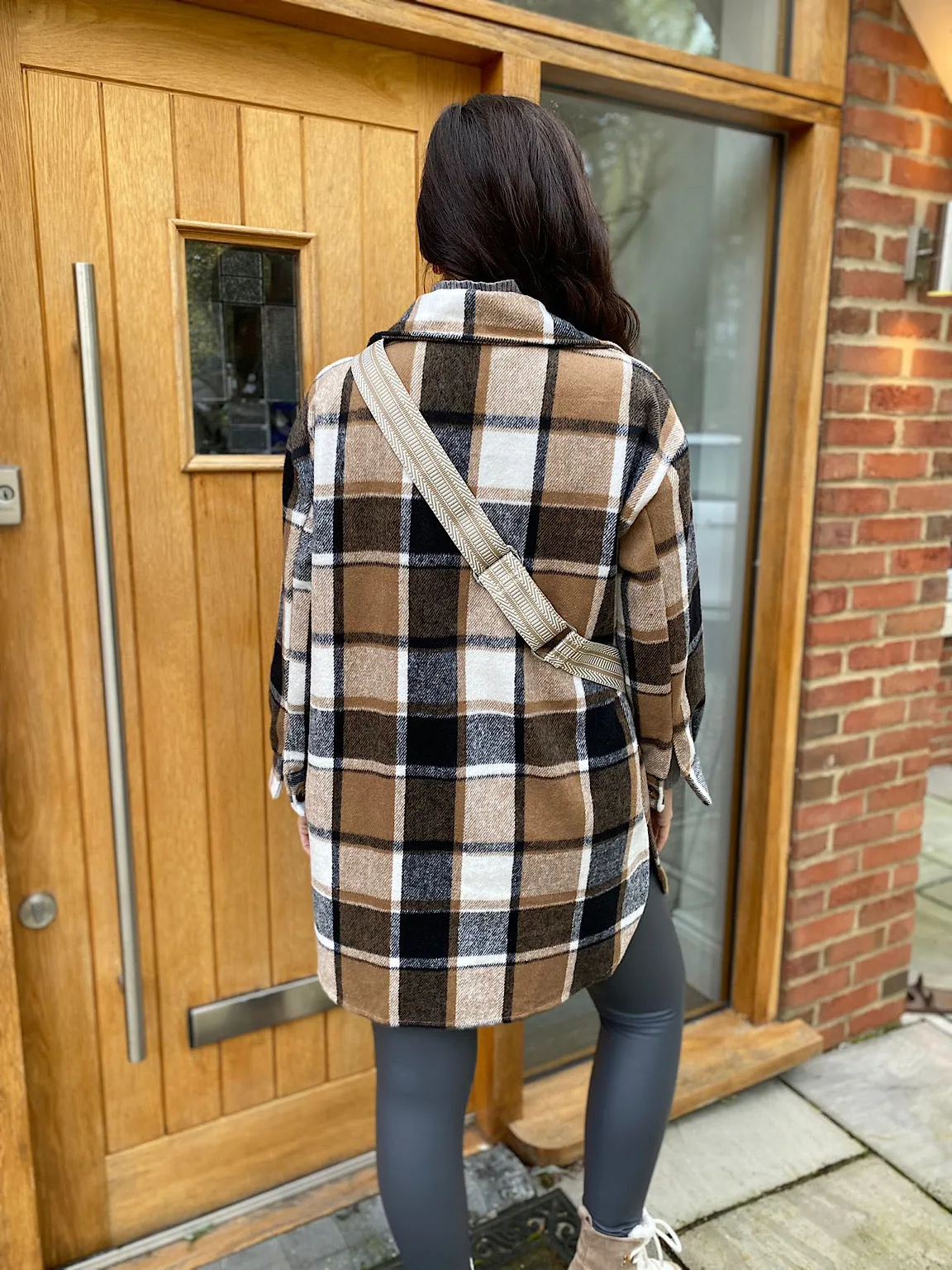 Tan & Black Double Pocket Checked Shacket Sia