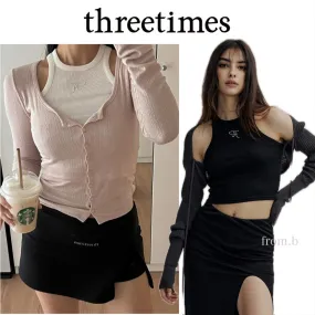 threetimes  |Crew Neck Rib Street Style Plain Cotton Logo Cropped Tops