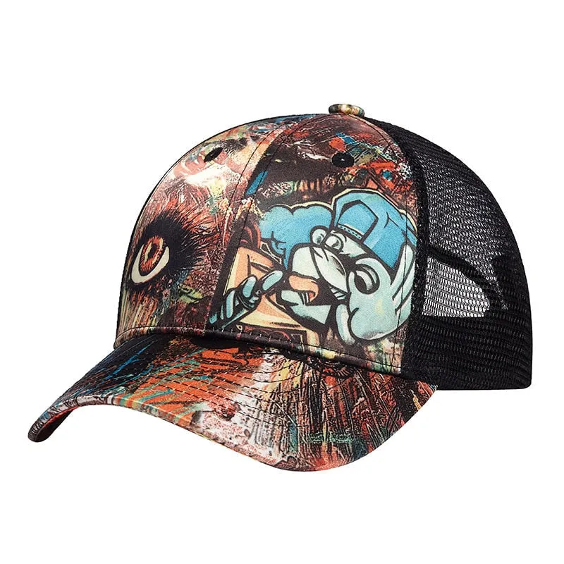 Unisex Casual Summer Graffiti Flat Brim Snapback Baseball Mesh Cap