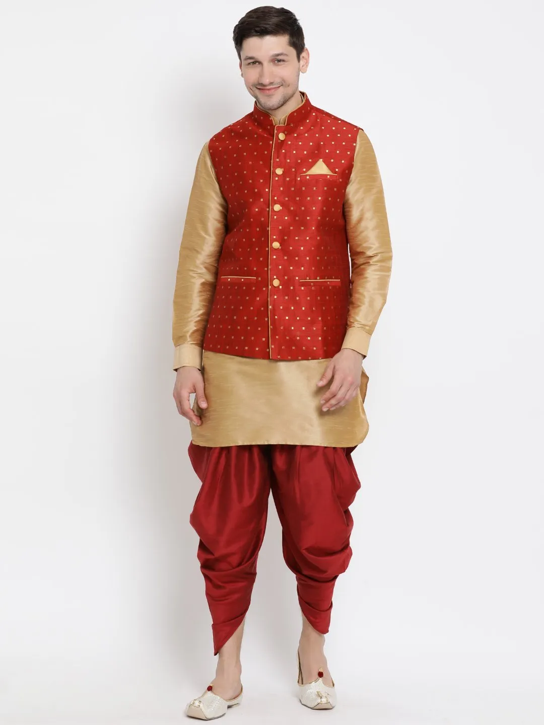 VASTRAMAY Men's Gold Cotton Silk Blend Ethnic Jacket, Kurta and Dhoti Pant Set