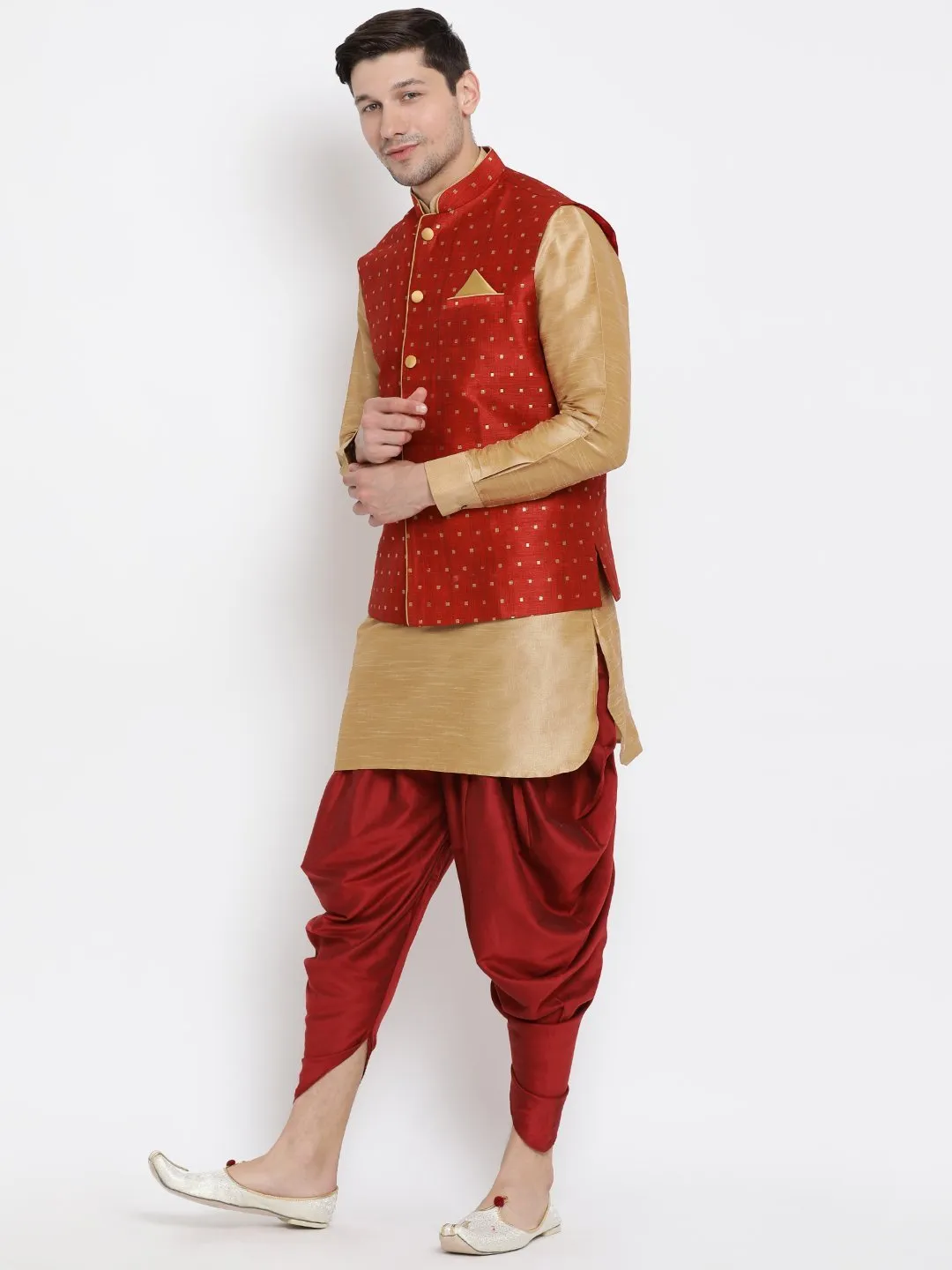 VASTRAMAY Men's Gold Cotton Silk Blend Ethnic Jacket, Kurta and Dhoti Pant Set